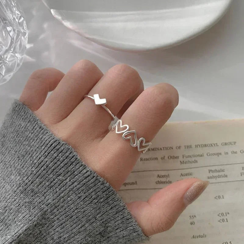 Silver Color Hollowed Heart Shape Open Ring Set Design Cute Fashion Love Jewelry For Women Girl Gifts Adjustable Birthday Party