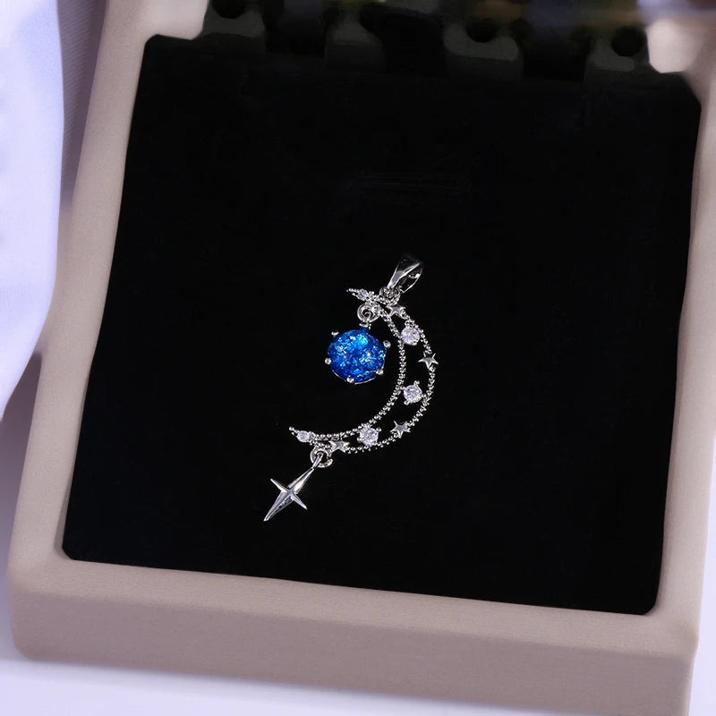 The Fashionable Hollow Moon Blue Planet Star Pendant Necklace Gives Women A Sense of Luxury and Niche Design.