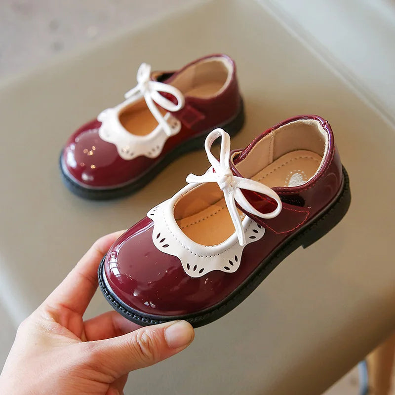 Autumn Girl's Mary Janes Ruffles Bowtie Black Wine Red Kids Leather Shoes Shallow Lovely Cute Flexiable Children Flat Shoe 21-35