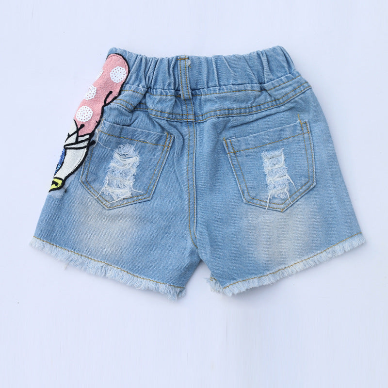 Summer Girls Fashion Sets Sequins Embroidery Broken Hole Pearl Denim Shorts Sleeve Donald Duck Little Kids Clothes Outfits