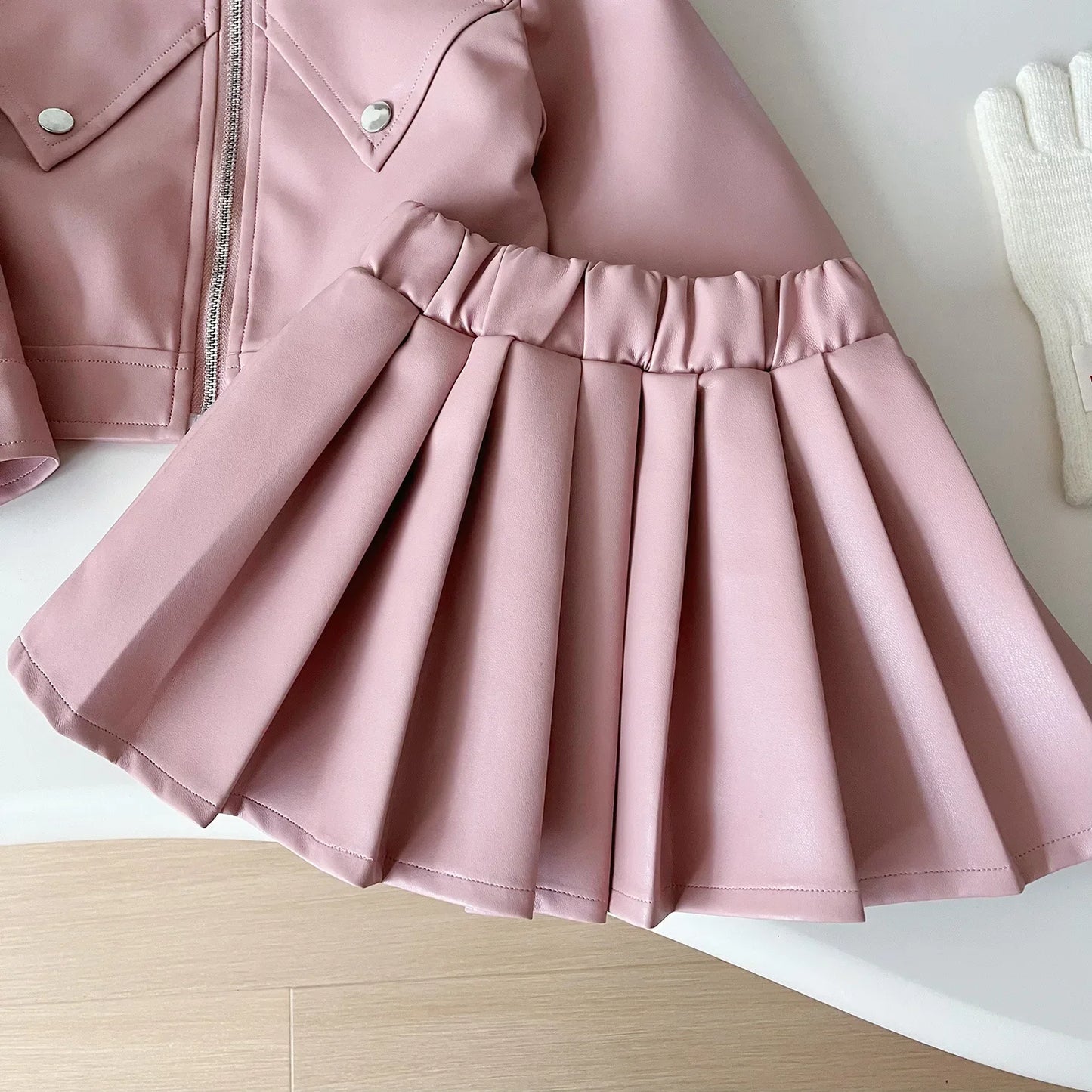 Two-piece Set for Girls Handsome Lapel Solid Leather Top + Solid Leather Pleated Skirt  Kids Clothes Girls  Toddler Girl Clothes