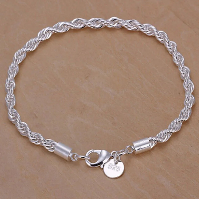 High Quality Silver Color 4MM Women Men Chain Male Twisted Rope Necklace Bracelets Fashion Silver Jewelry Gifts Wedding Party