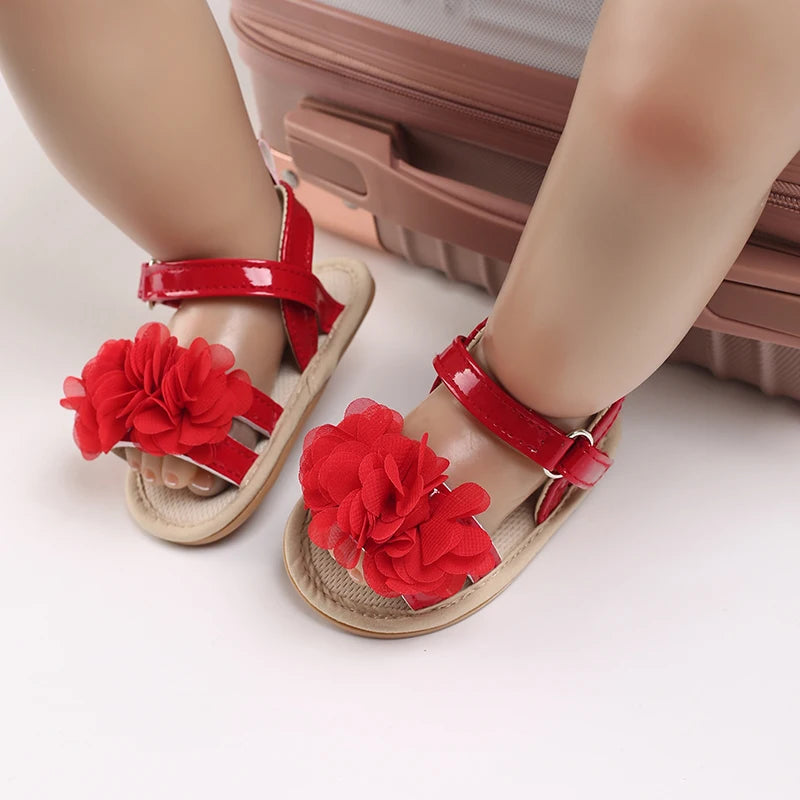 Summer baby girl sandals red festive and cute flower baby shoes soft rubber soles comfortable and casual baby walking shoes