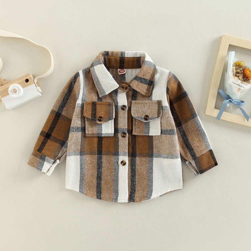 Toddler Baby Boy Girl Plaid Shirt Jacket Outfits Button Down Cardigan Kids Long Sleeve Coat Tops Fall Clothes