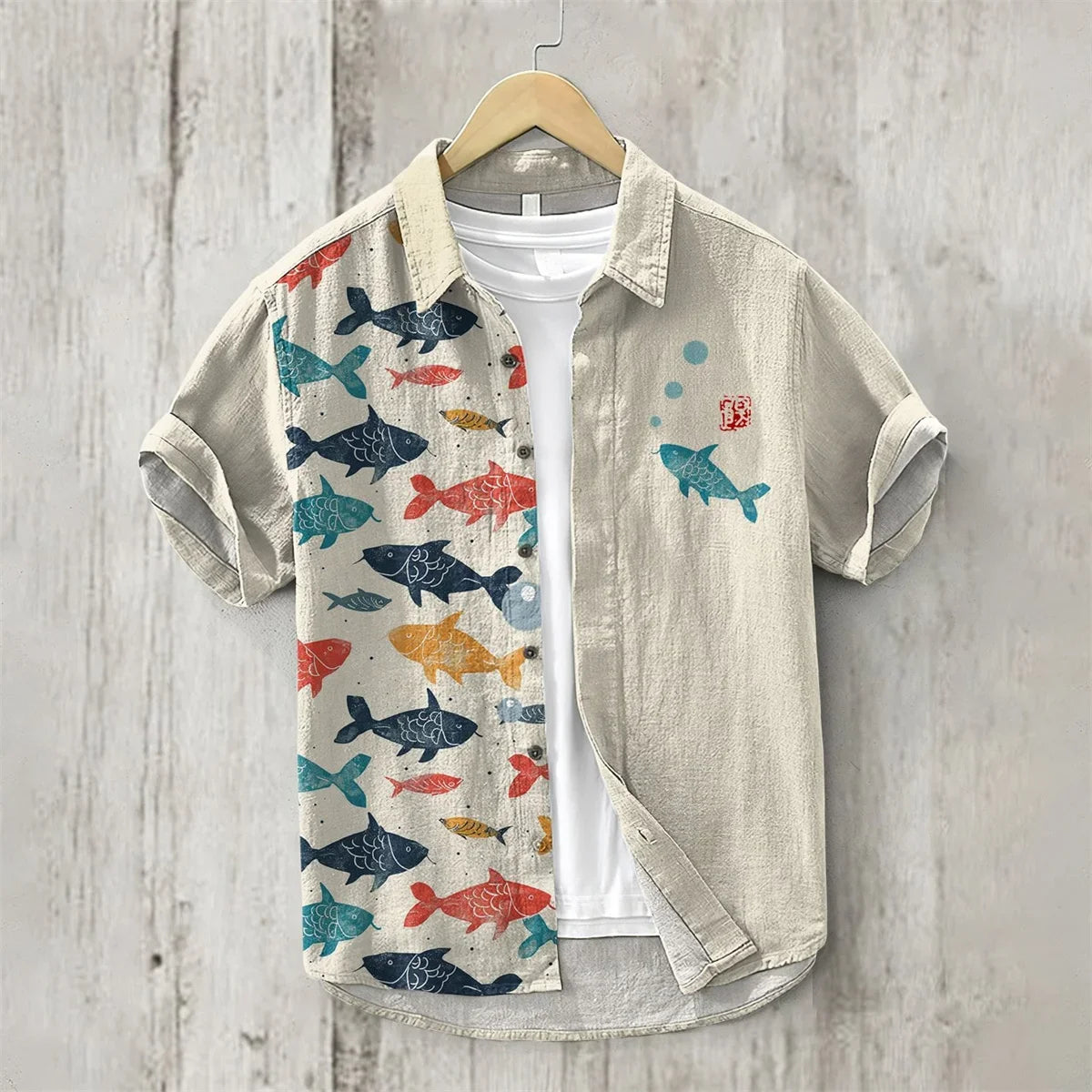 Men's Hawaiian Style Retro Fish Print Short Sleeved Shirt, Casual Linen Top, Loose and Breathable, Fashionable