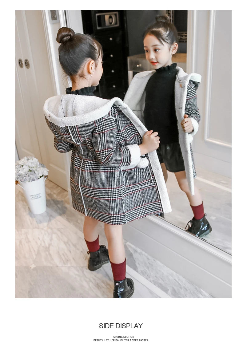 4-15 Year Children Outwear Winter for Girl Plaid Thicken Woolen Jacket Coat Teenage Kids Outfits Wool Long Outerwear Warm Fleece