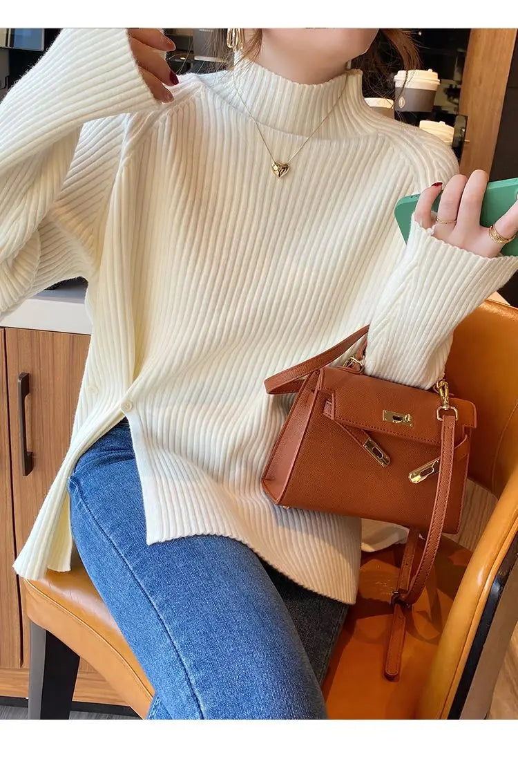 2024 Women Sweater Pullovers Turtlneck Casual Autumn Winter Split Fork Button Chic Sweater Female Slim Knit Top Soft Jumper Tops