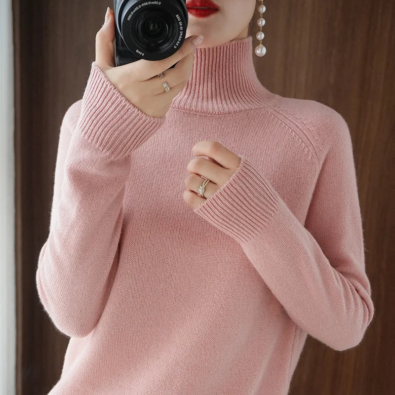 Turtleneck Merino Wool Pullover Basic Casual Cashmere Sweater Comfort Autumn Winter Women's Raglan Sleeve Clothing Tops