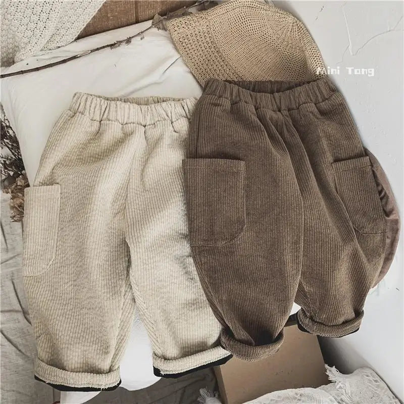 Winter Plush Warm Kids Pants 2024 Korea Style Children's Clothing Corduroy Plush Thick Warm Casual Pants for Boys Girls