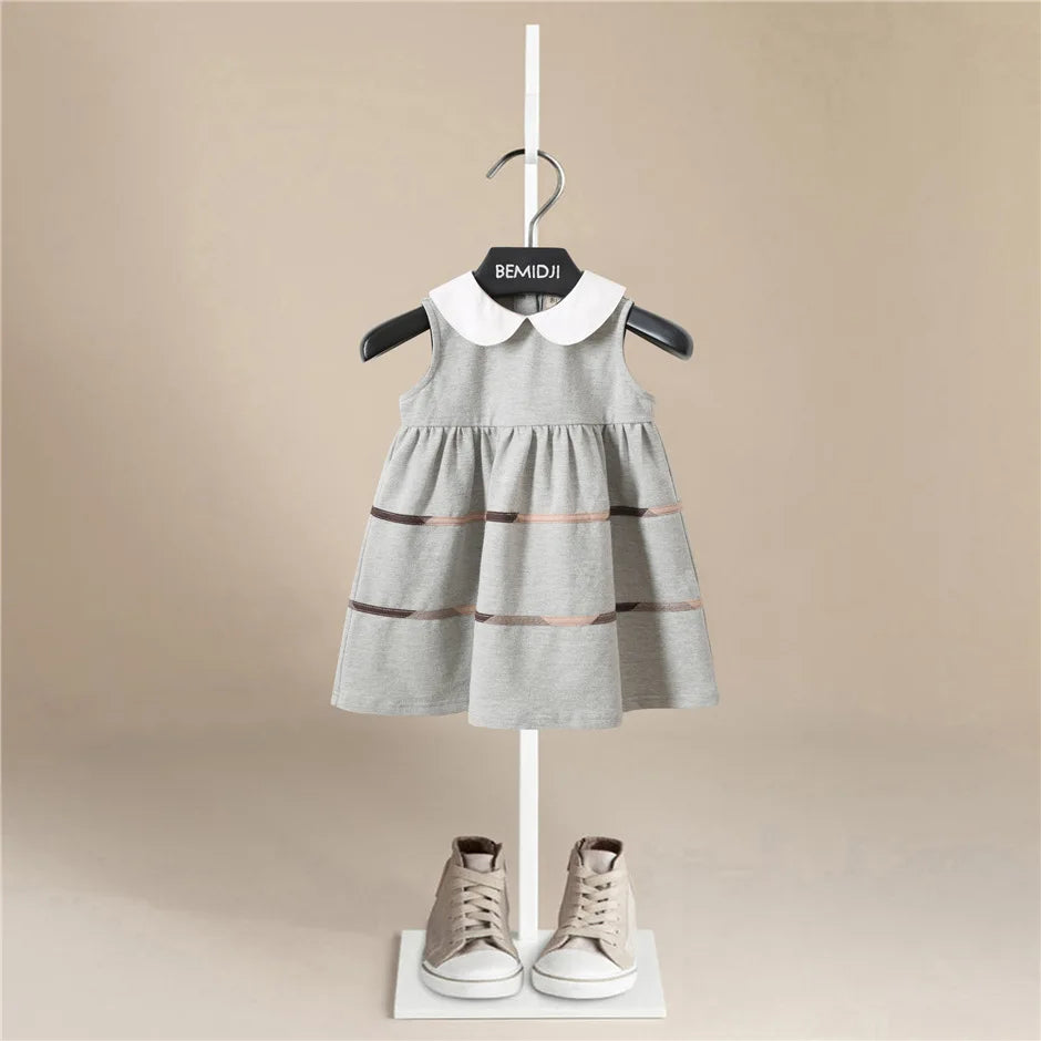 Summer Casual Fashion Turndown Collar Baby Girls Dresses Kids Sleeveless Plaid British Style  A-line Princess Dresses for Girls