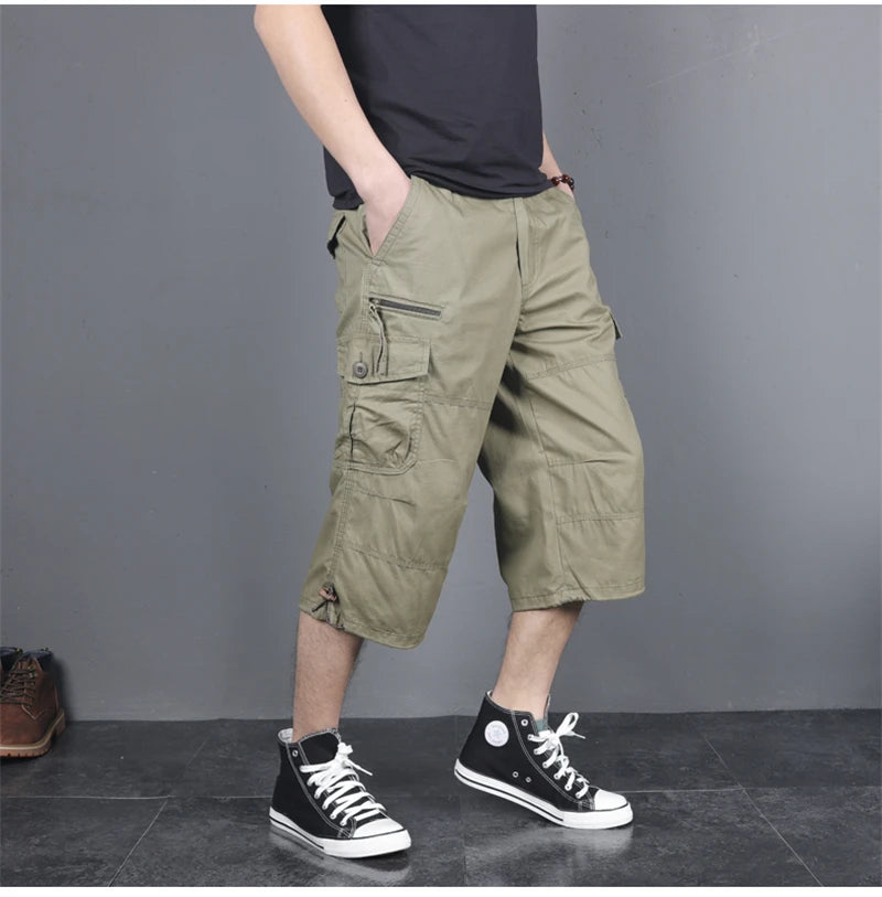 Long Length Cargo Shorts Men Summer Multi-Pocket Casual Cotton Elastic Capri Pants Men Military Tactical Short Hot Breeches 5XL