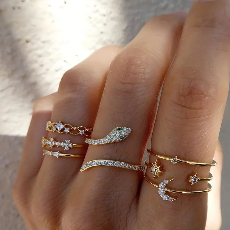 LATS 10Pcs Rings Suit For Women Silver-color Chain Ring Set Bohemian Style Coin Snake Moon Star Party Trend Gift Jewelry