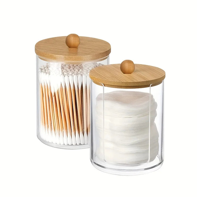 2 PCS Cotton Pad Holder, Bathroom Jars, Storage Box Organizers Cotton Pad Storage with Bamboo lid, Durable, Dust-proof