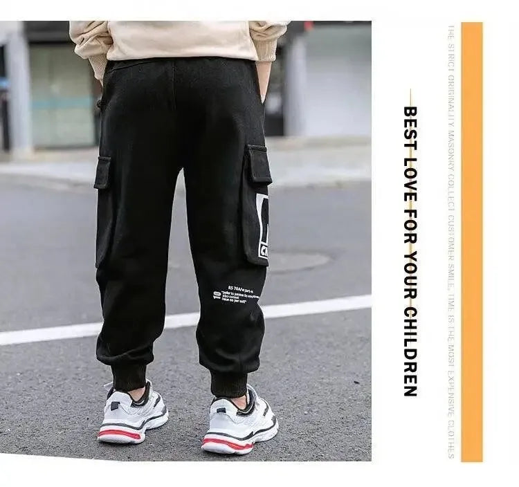 2024 Autumn Boys Pants Letter Print Cotton Sweatpants Casual Korean Cargo Pants Fashion Teenage Kids Sport Multi-pocket Pants