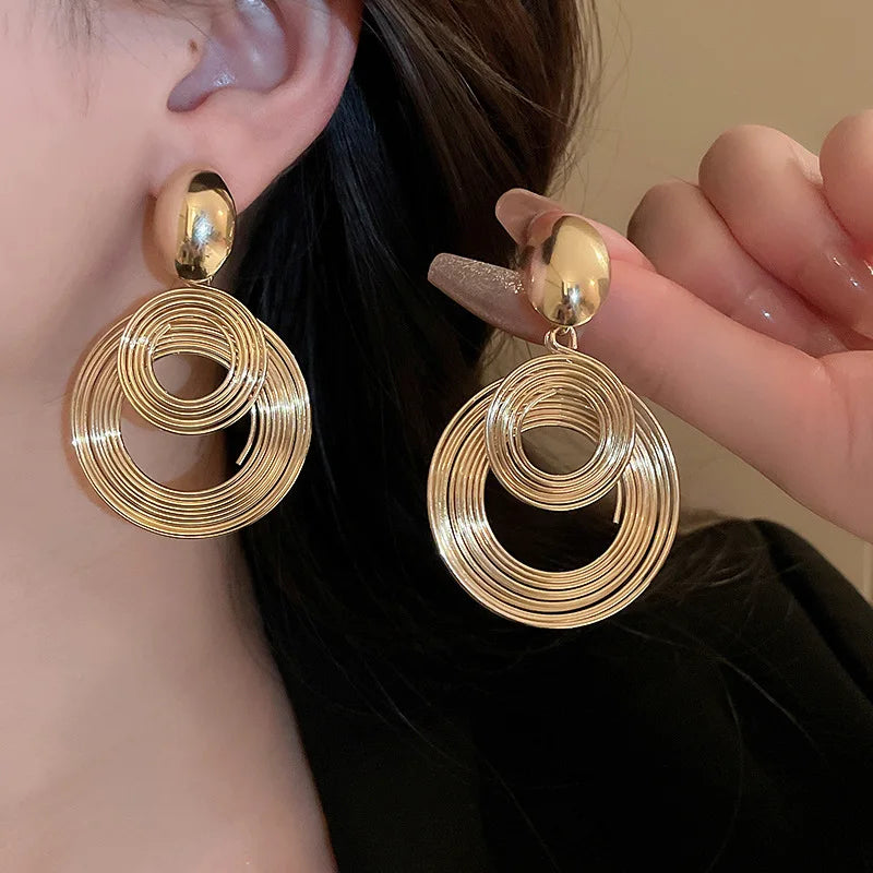 Multi-layer Geometry Round Circle Metal Coil Drop Earrings For Women New Exaggerated Temperament Gold Color Jewelry Wholesale