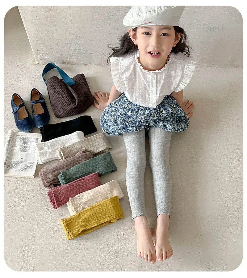 Spring Autumn Baby Pants Newborn Girl Trousers Soild Lace Ruffle Cotton Student Uniform Legging Kids Children Leggings 1-12Years