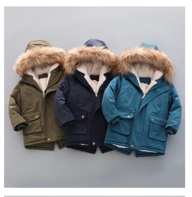 2 3 4 5 6 7 Year Winter Boys Jacket Windbreaker Keep Warm Thicken Fur Collar Girls Coat Hooded Children's Outerwear Kids Clothes