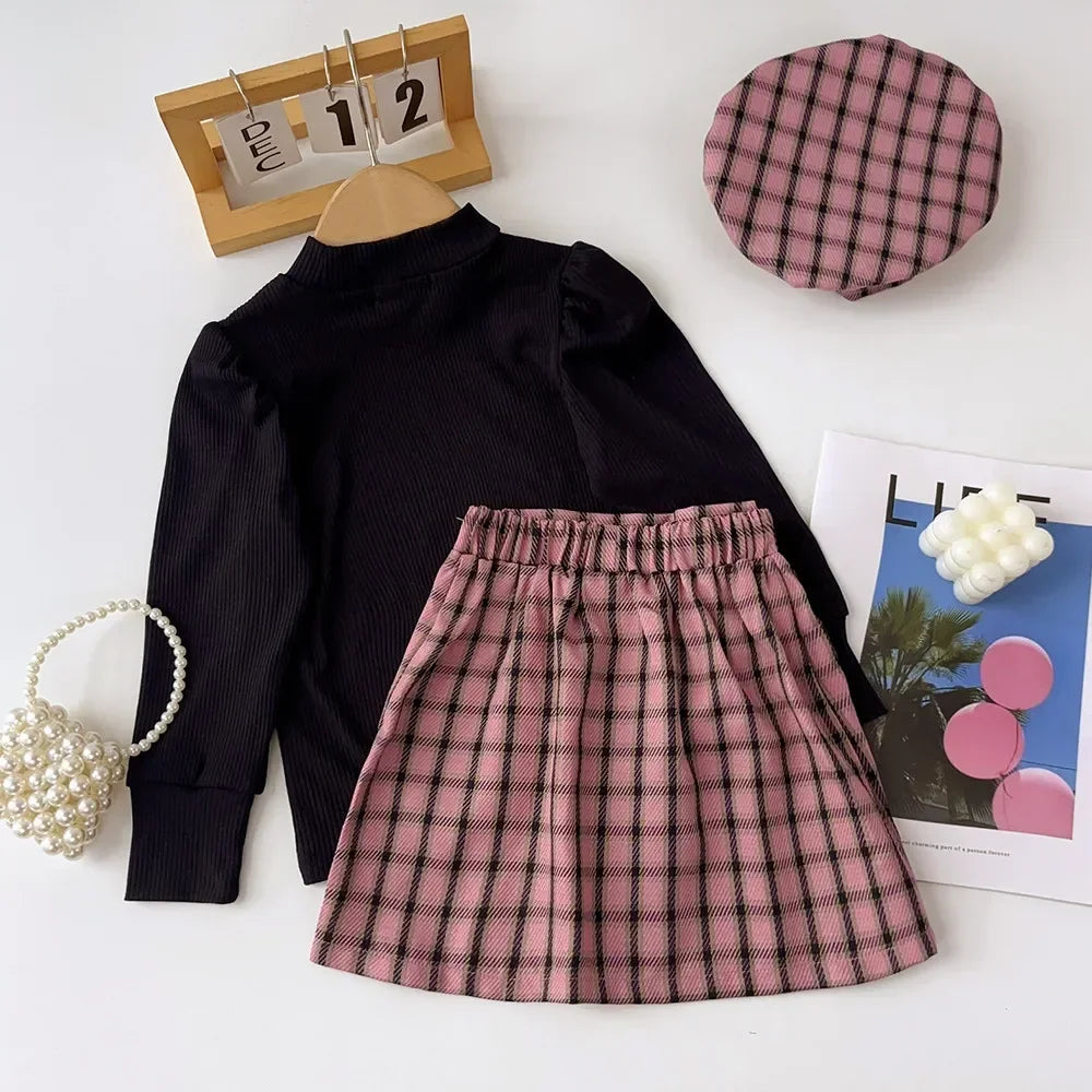 Autumn Spring Children's Set Long Sleeves Solid Color High Neck Base Shirt+Plaid Skirt+Hat 3 Piece Sets Kids Clothes Girls