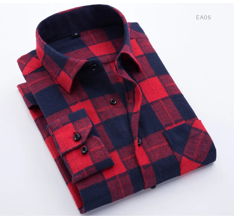 Men's Slim-fit Casual Brushed Flannel Contrast Plaid Shirt Single Patch Chest Pocket Comfortable Soft Long Sleeve Gingham Shirts