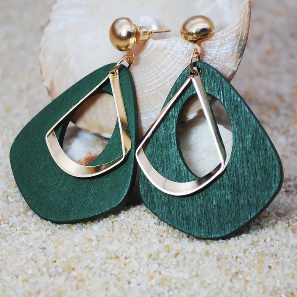 Vintage Hollow Water Droplet Dangle Earrings for Women Metal Wood Double Layer Hollow Out Geometric Drop Earrings Trendy Jewelry