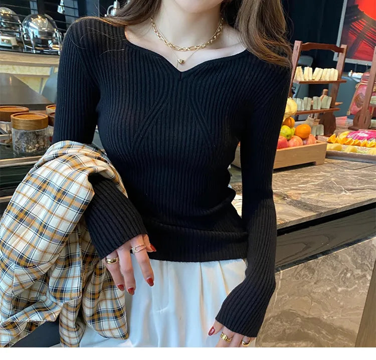 ITOOLIN Women Slim V-Neck Bottoming Sweater Autumn Winter For Women Casual Pullovers Long Sleeve Knit Warm Office Sweater 2024