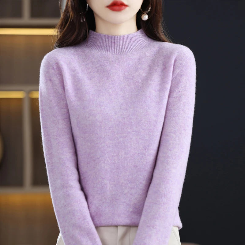 100% merino wool cashmere sweater women's sweater semi-high-necked long-sleeved pullover warm pullover in autumn and winter