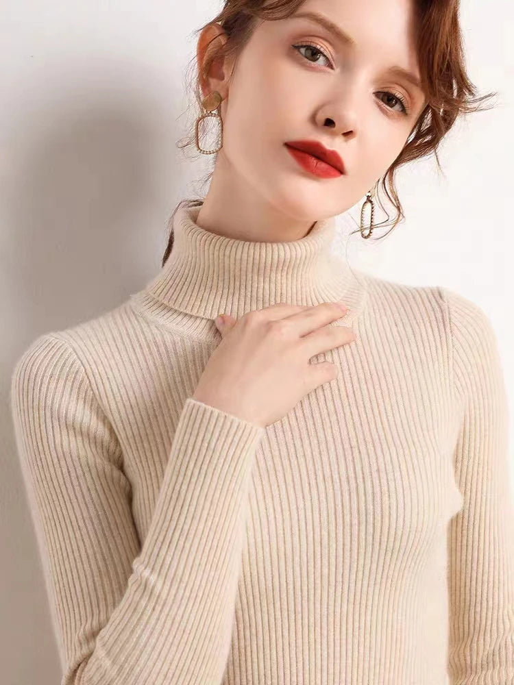 New Turtleneck Jumper Woman Knitted Blouses Fashion Ladies Sweaters Winter Thermal Striped Long Sleeve Autumn Warm Tops Bacis