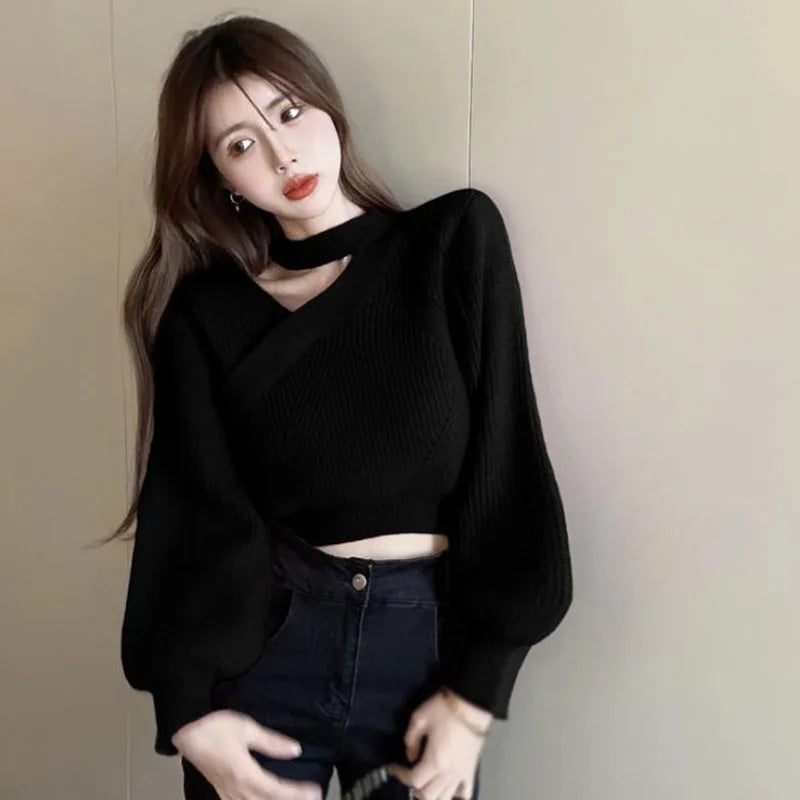 Women's Neck Hanging Solid Sweater Warm Pullover Sweater V-neck Cross Neck Off Shoulder Knitwear Tops