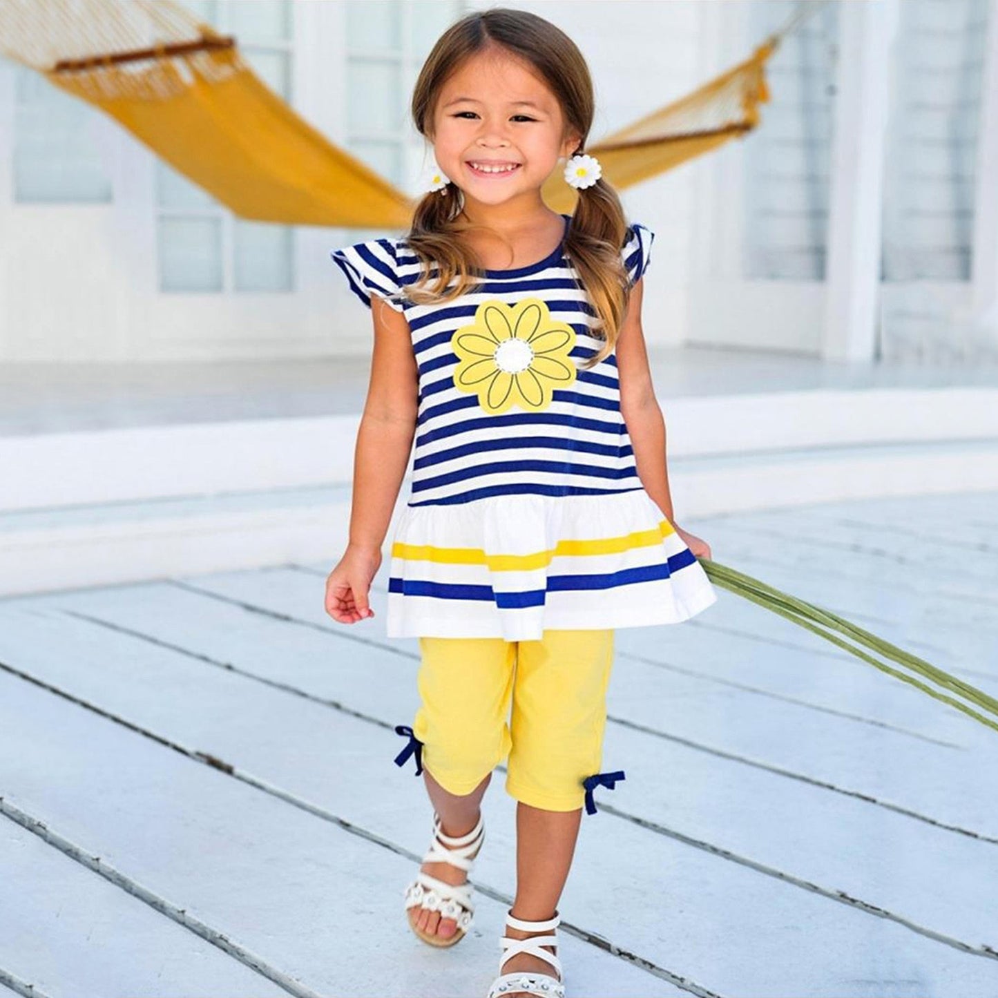 2Pcs Clothes Set 1-8Y Toddler Kids Girls Summer Clothing Sunflower Daisy Striped T Shirt Tops+Pants Leggings Infant Outfits Sets