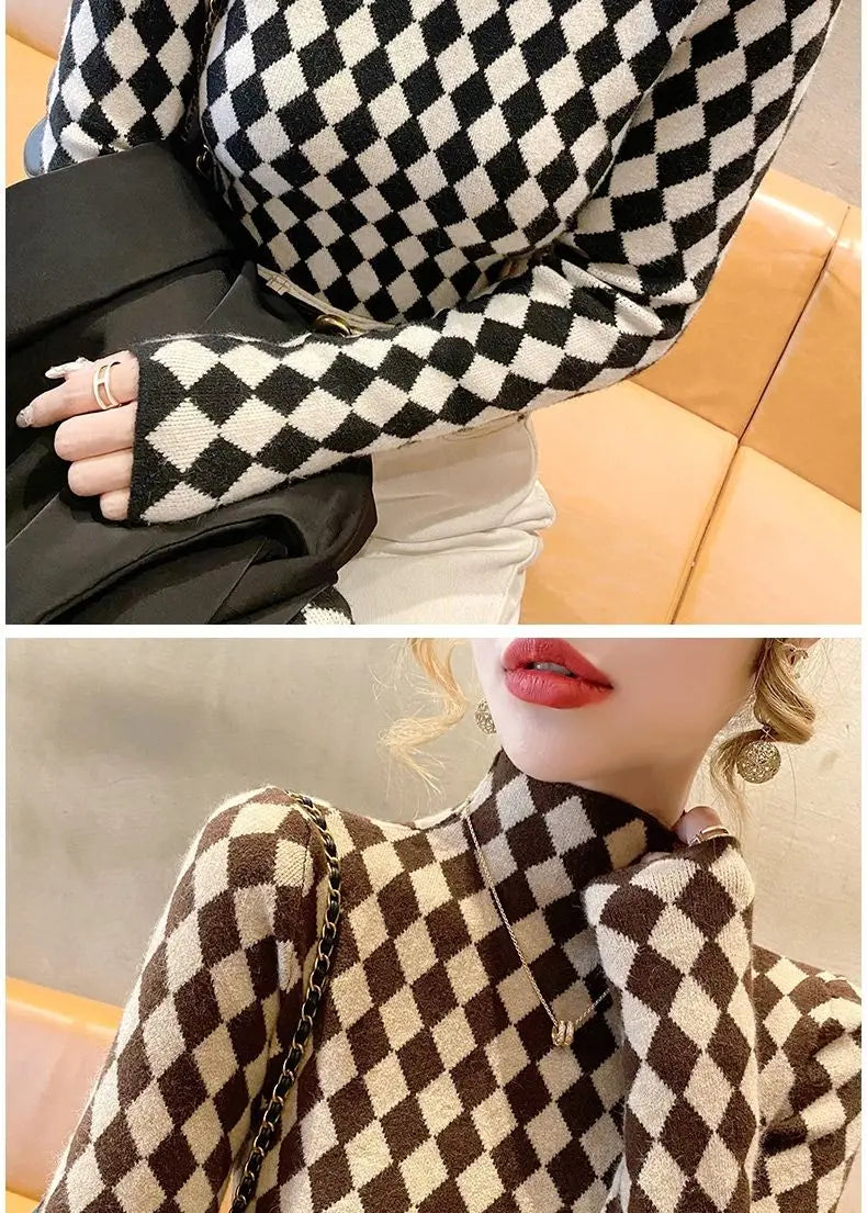 Women Clothing Fashion Elegant Mock Neck Long Sleeve Pullovers Spring Autumn Chic Slim Plaid All-match Tops Office Lady Sweaters