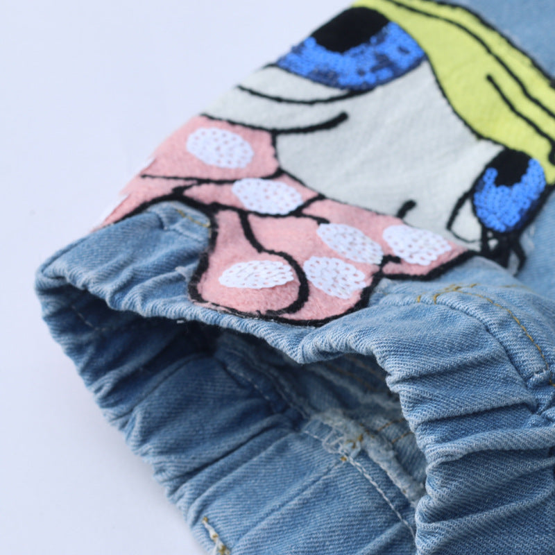 Summer Girls Fashion Sets Sequins Embroidery Broken Hole Pearl Denim Shorts Sleeve Donald Duck Little Kids Clothes Outfits