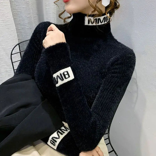 Autumn Winter New Letter Printing Sweaters Long Sleeve High Neck Solid Color Slim Youth Pullovers Elegant Fashion Women Clothing