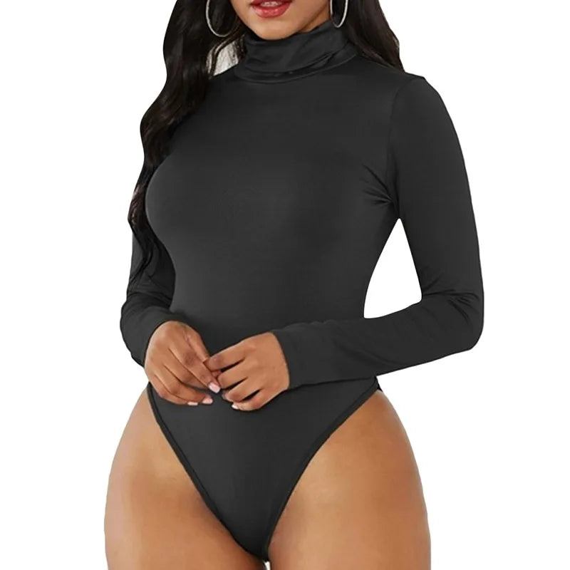 Women Black Long Sleeve Bodysuit Autumn Winter Turtleneck Bodysuits Womens Sexy Bodycon High Waist Romper Body