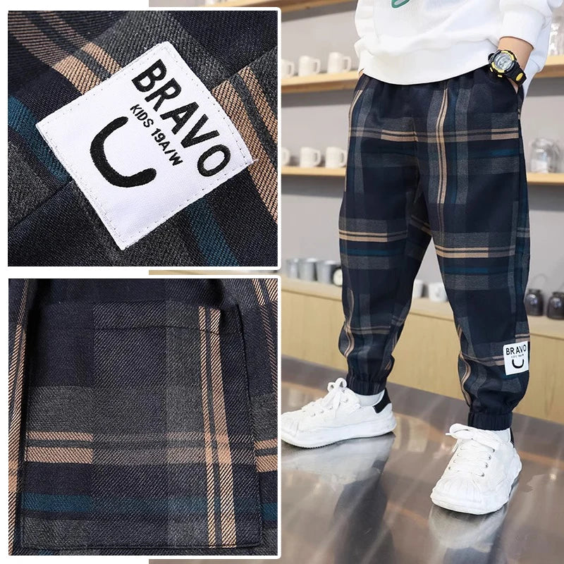 2024 Fashion Boys Cotton Plaid Pants Spring Autumn Toddler Casual Kids Loose Trousers Sweatpants for Teenage Children Clothes