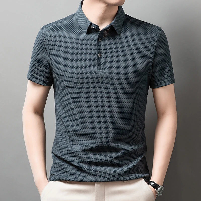 New Men's Checkered Short Sleeved Solid Color POLO Shirt Breathable and Comfortable Elastic Top