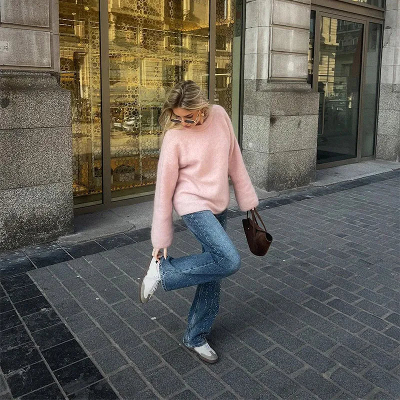 Casual Brown O-Neck knitted Cashmere Pullover Women Fashion Full Sleeve Loose Commute Jumper 2024 Autumn Lady Street Outerwears