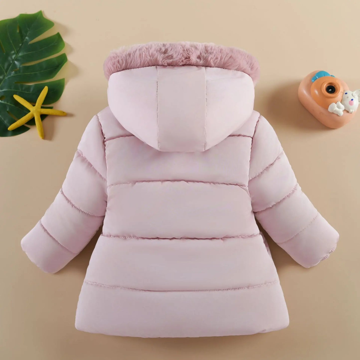 1 2 3 4 Years Baby Girls Jacket Winter New Solid Color Butterfly Decoration Lining Plush Warm Hooded Zipper Down Cotton Outwear