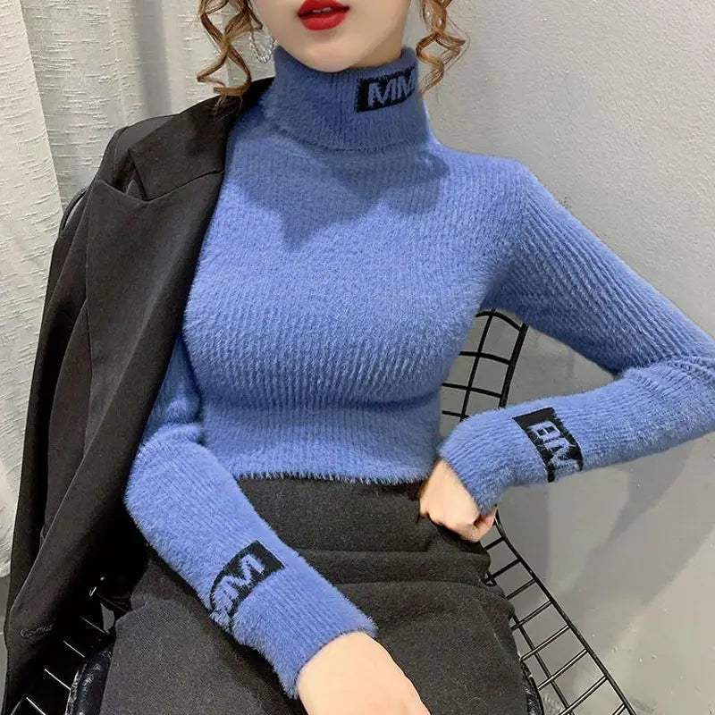 Autumn Winter New Letter Printing Sweaters Long Sleeve High Neck Solid Color Slim Youth Pullovers Elegant Fashion Women Clothing