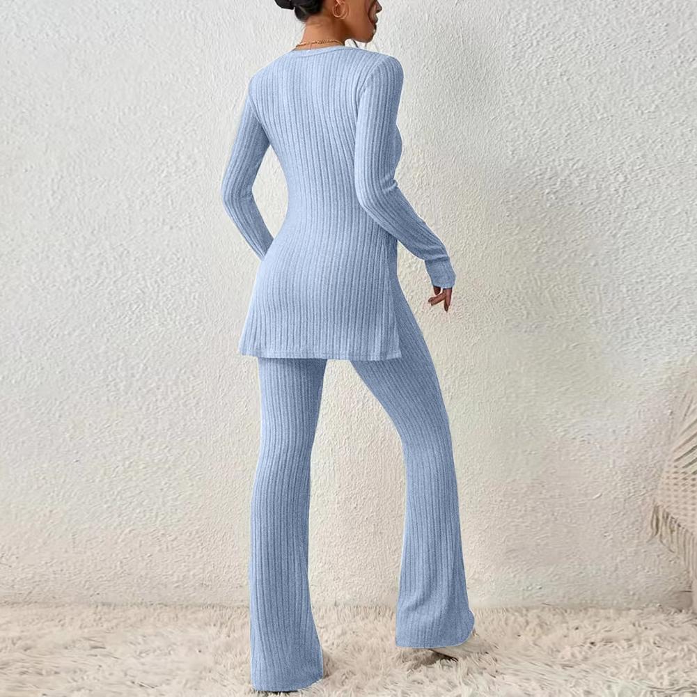 2023 Fall Winter Knitted 2 Piece Suits Women Long Sleeve Ribbed Slit Long Top and High Waist Pencil Pants Set Fashion Outfit