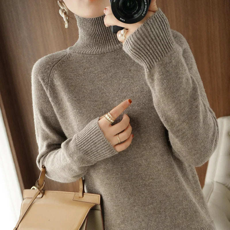 Turtleneck Merino Wool Pullover Basic Casual Cashmere Sweater Comfort Autumn Winter Women's Raglan Sleeve Clothing Tops