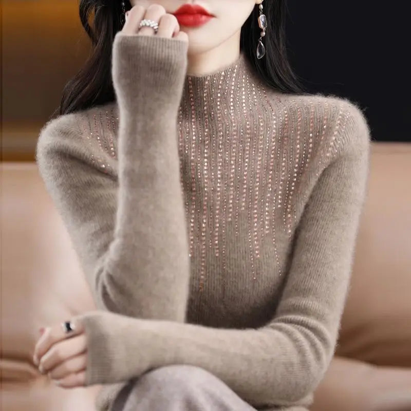 Hot Diamond Half High Neck Sweater Women's Pullover Autumn and Winter New Fit Versatile Warm Knitted Sweater Women