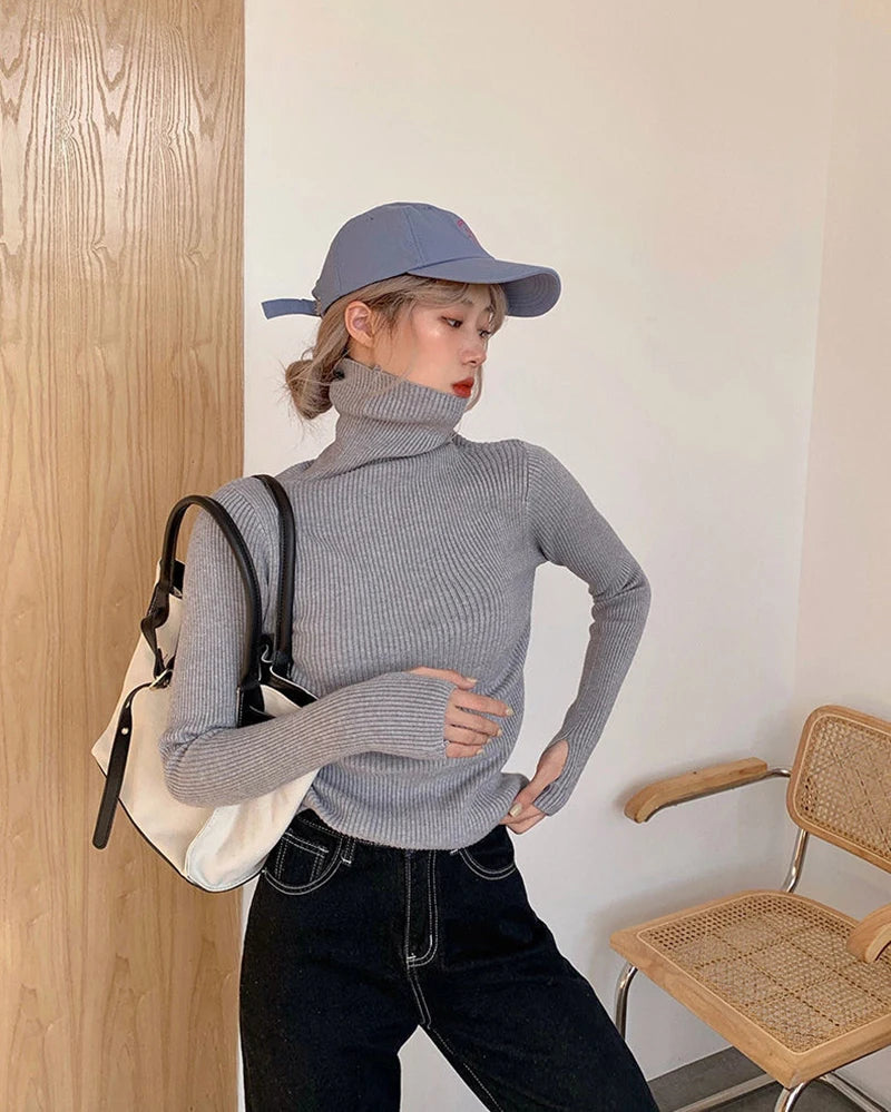 Turtleneck Sweater Women Korean Black Knitted Pullovers Fashion Basic Long Sleeve Knitwear Autumn Winter Slim All Match Jumpers