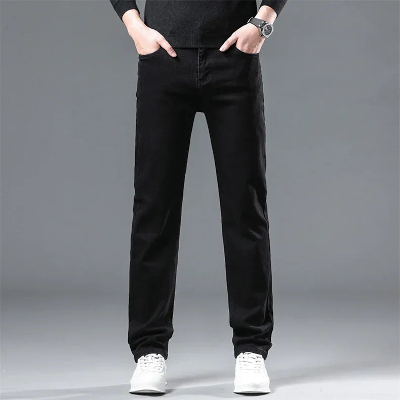 WTHINLEE Thick Fleece Men's Stretch Jeans Winter Thermal Warm Straight Casual Denim Trousers Black Soft Cozy Jean Pants