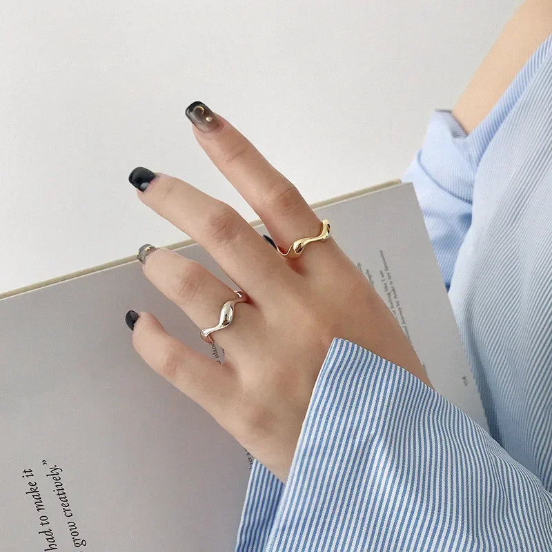 Silver Color Creative Handmade Rings for Women Irregular Wave Smooth Ring Minimalist Adjustable Open Rings Engagement Jewelry