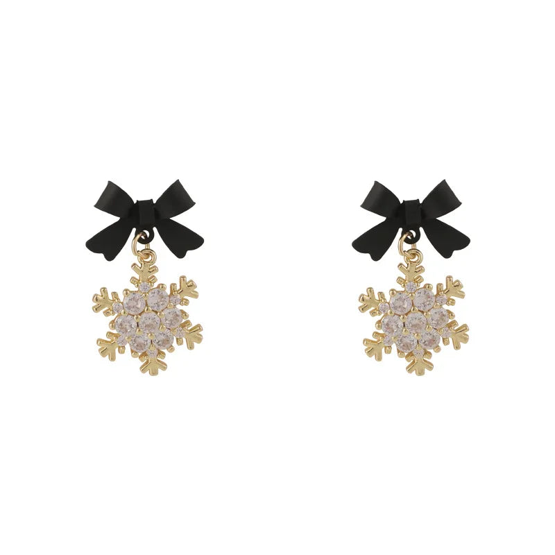 Cute Crystal Snowflake Drop Earrings for Women Party Sweet Jewelry Black Red Bow Knot Dangle Earrings Girls Sweet Accessories