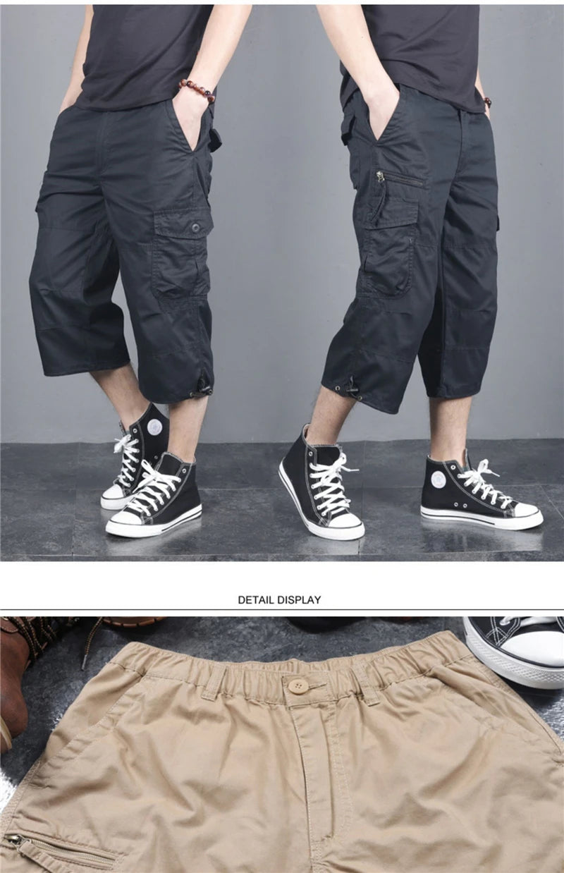 Long Length Cargo Shorts Men Summer Multi-Pocket Casual Cotton Elastic Capri Pants Men Military Tactical Short Hot Breeches 5XL