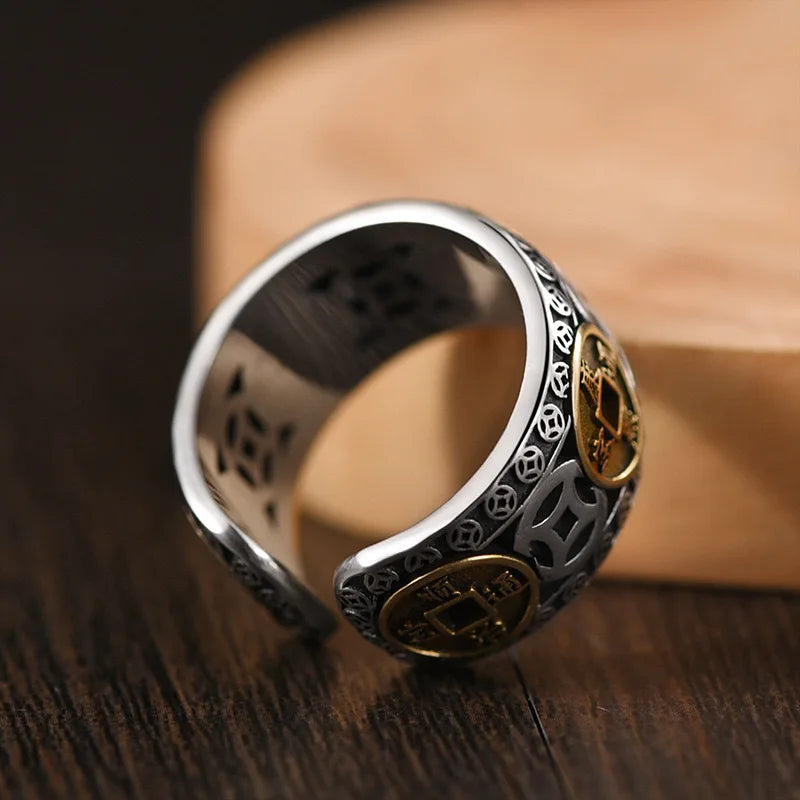 Chinese Style Vintage Copper Coin Opening Ring for Men Women Unisex Feng Shui Pixiu Rings Amulet Wealth Lucky Jewelry Best Gift