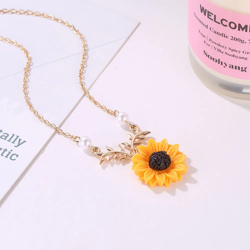 Fashion Jewelry Girlfriends Gift Gold Plated Charm Pendant Women Branch Long Sunflower Yellow Necklaces Collares Para Mujer