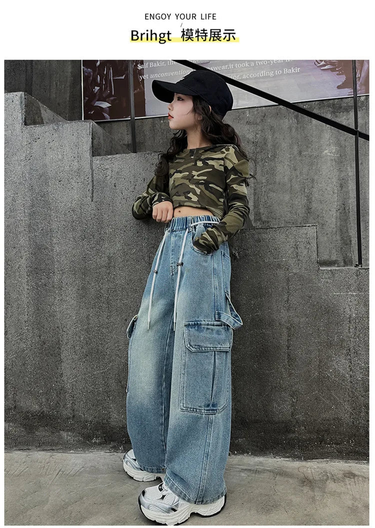 Cargo Jeans for Girls Spring Autumn Loose Casual Elastic Waist Teenage Children Wide Leg Pants Design Streetwear Kids Trousers