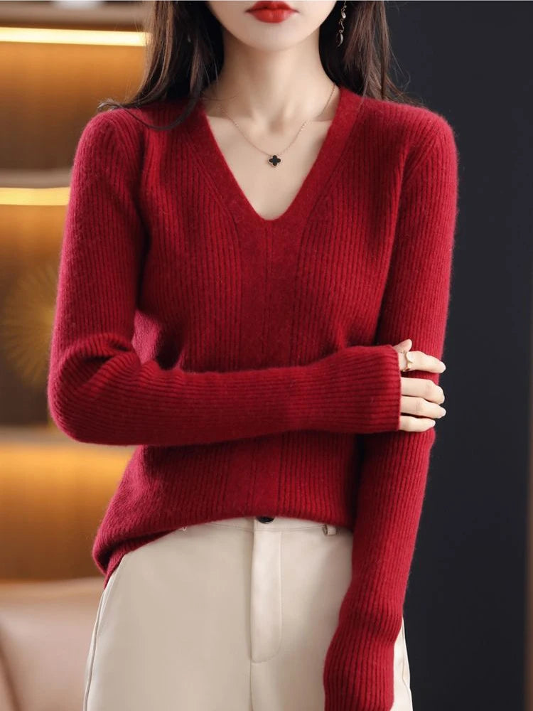 Women Wool V-neck Sweater Bottoming Jumpers Solid Autumn Winter Soft Warm Woman Sweater Knitted Basic Slim Pullovers Tops